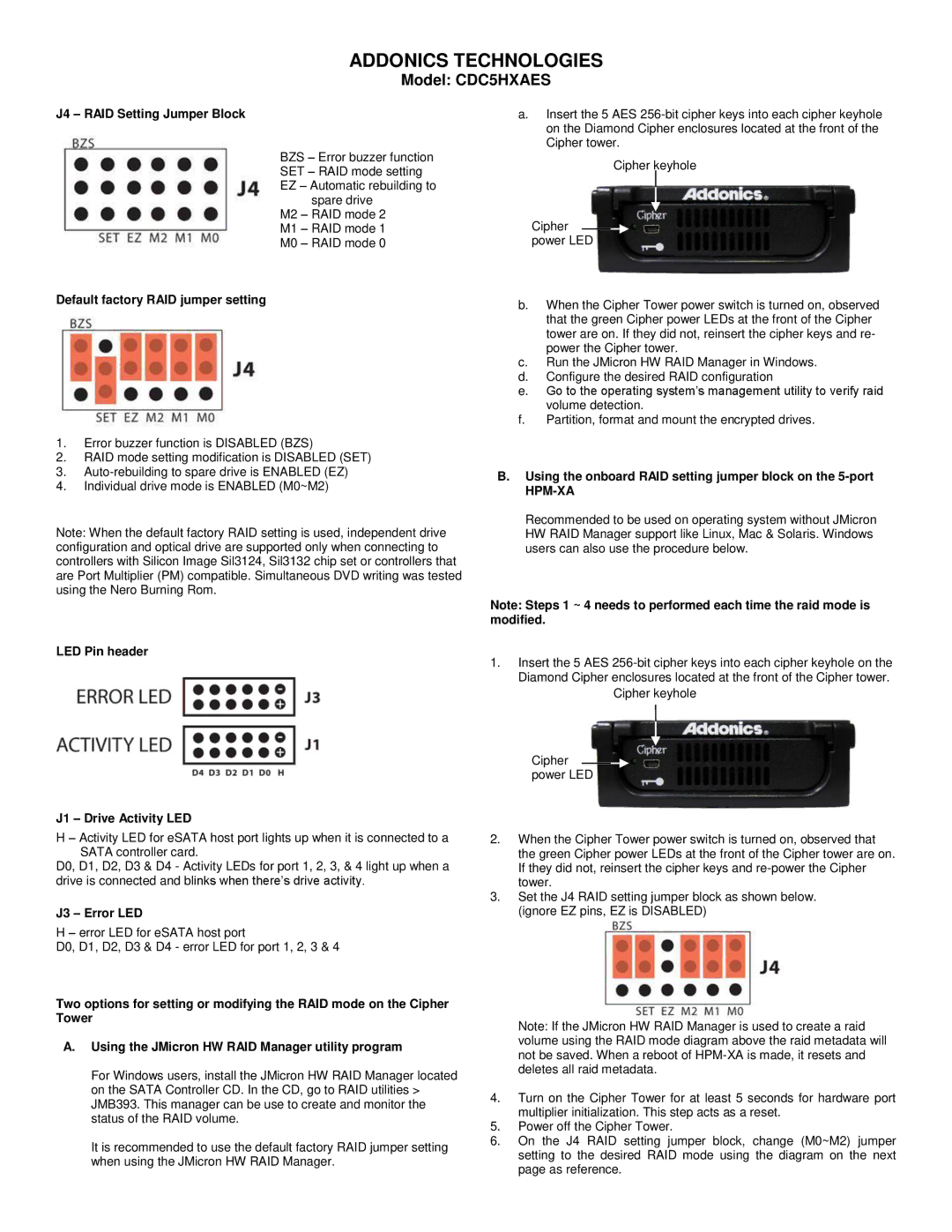 Addonics Technologies CDC5HXAES manual J4 RAID Setting Jumper Block, Default factory RAID jumper setting, J3 Error LED 