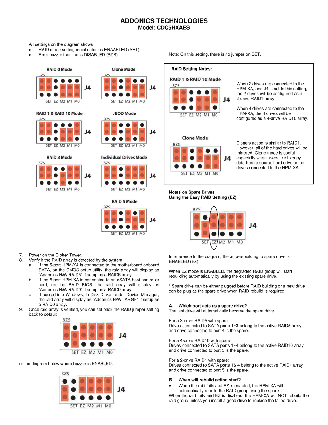 Addonics Technologies CDC5HXAES RAID Setting Notes, Using the Easy RAID Setting EZ, Which port acts as a spare drive? 
