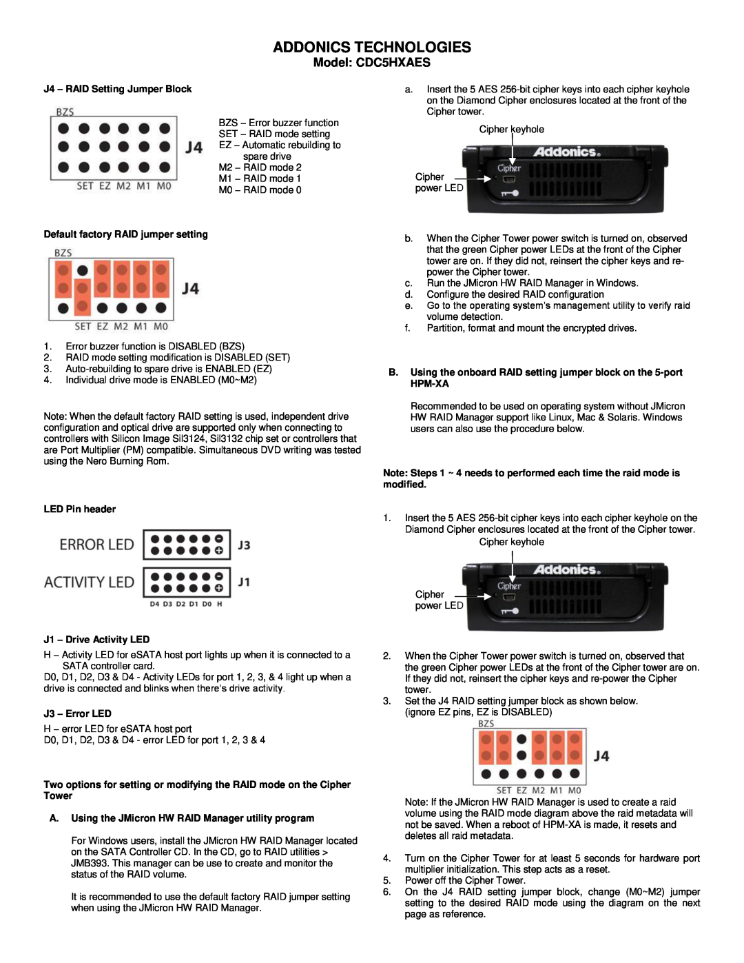 Addonics Technologies CDC5HXAES manual J4 - RAID Setting Jumper Block, Default factory RAID jumper setting, J3 - Error LED 