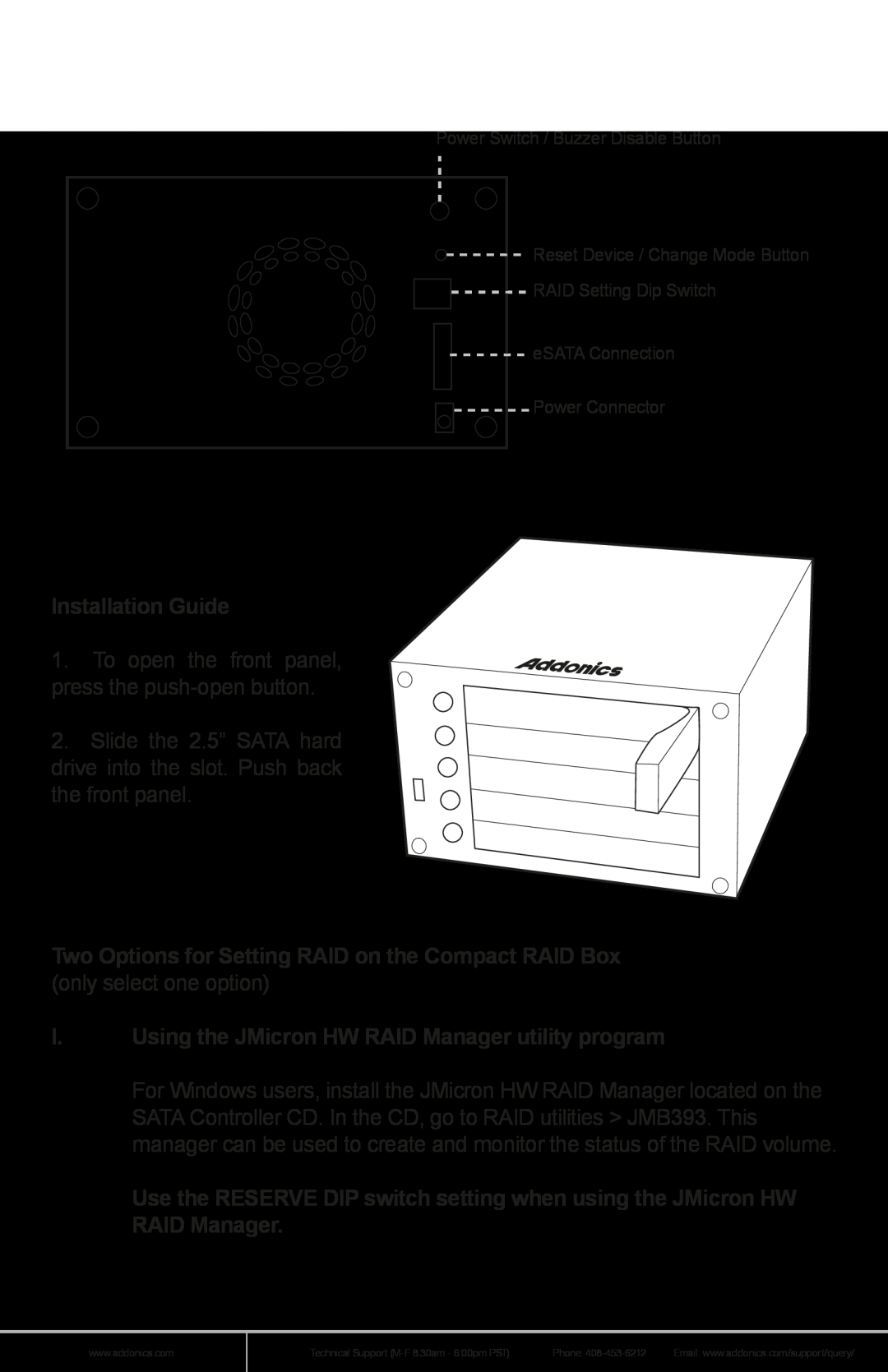 Addonics Technologies CPR5SA manual Installation Guide, I. Using the JMicron HW RAID Manager utility program 