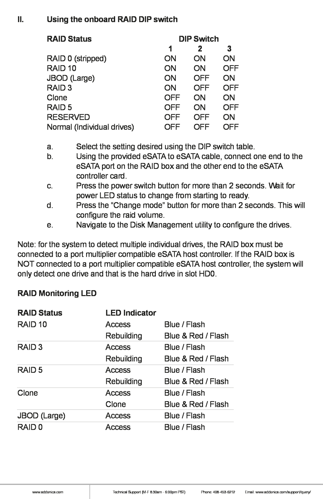 Addonics Technologies CPR5SA manual II. Using the onboard RAID DIP switch, RAID Status, DIP Switch, RAID Monitoring LED 