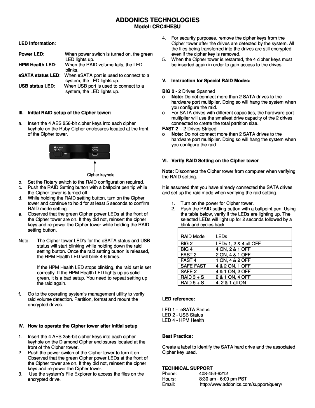 Addonics Technologies CRC4HESU LED Information, III. Initial RAID setup of the Cipher tower, LED reference, Best Practice 