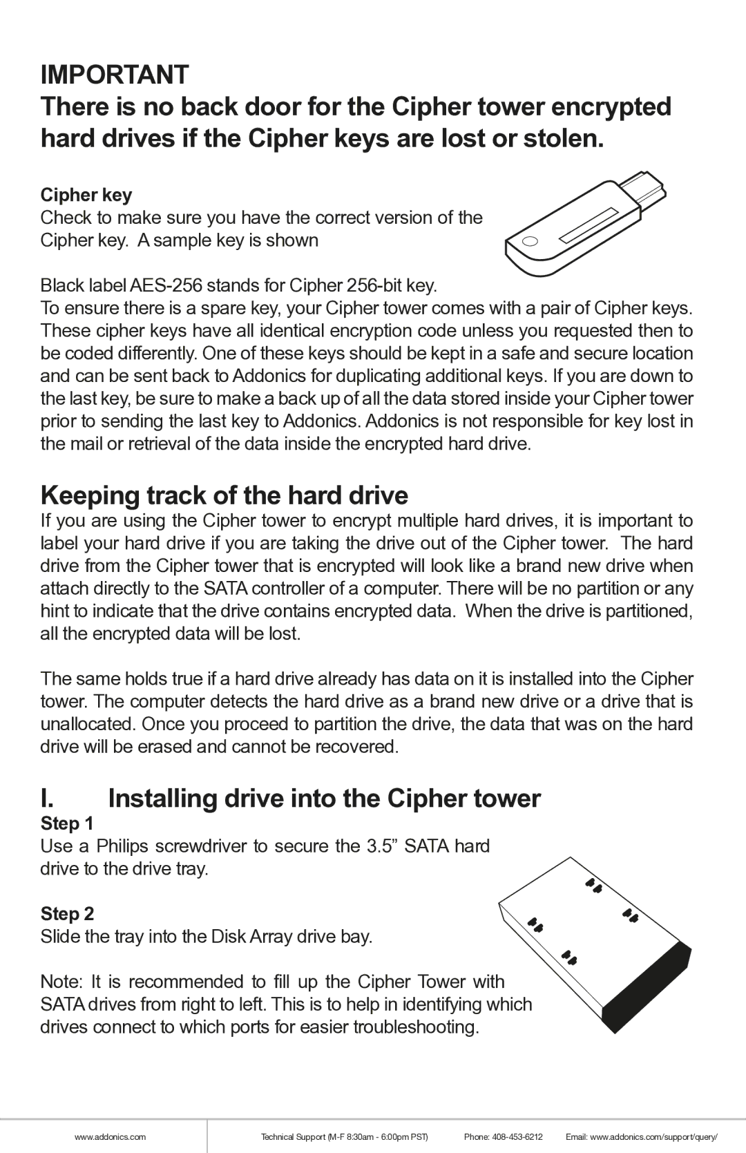 Addonics Technologies CRT535PES Keeping track of the hard drive, Installing drive into the Cipher tower, Cipher key, Step 