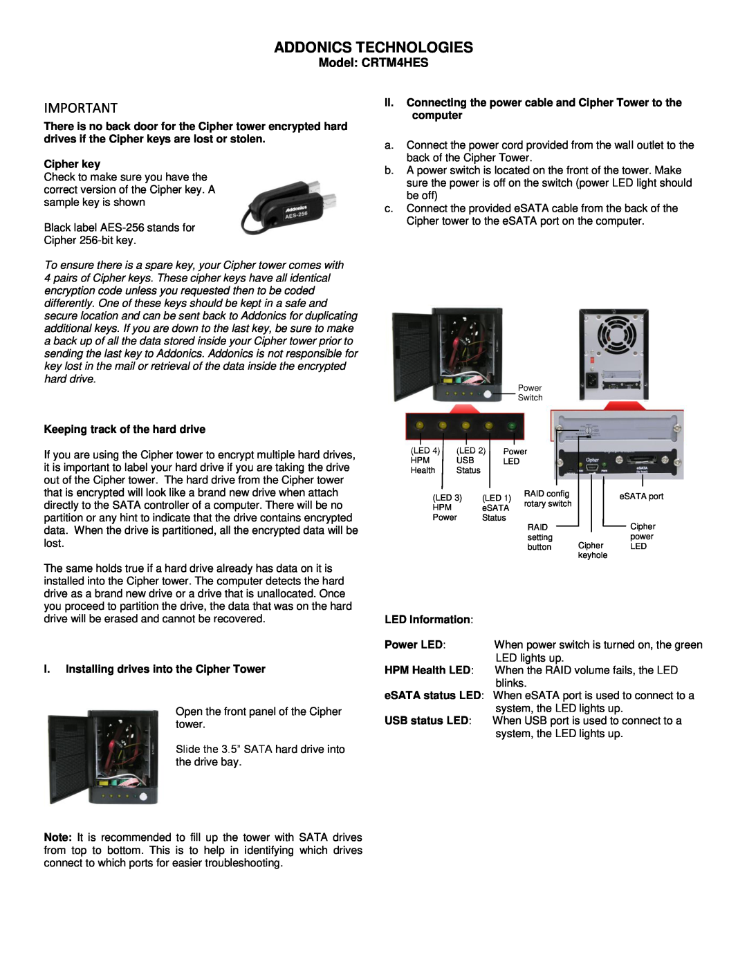 Addonics Technologies manual Addonics Technologies, Model CRTM4HES, Cipher key, Keeping track of the hard drive 
