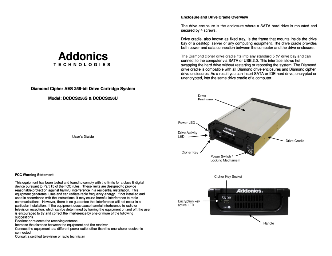 Addonics Technologies DCDCS256U manual T E C H N O L O G I E S, Diamond Cipher AES 256-bit Drive Cartridge System 