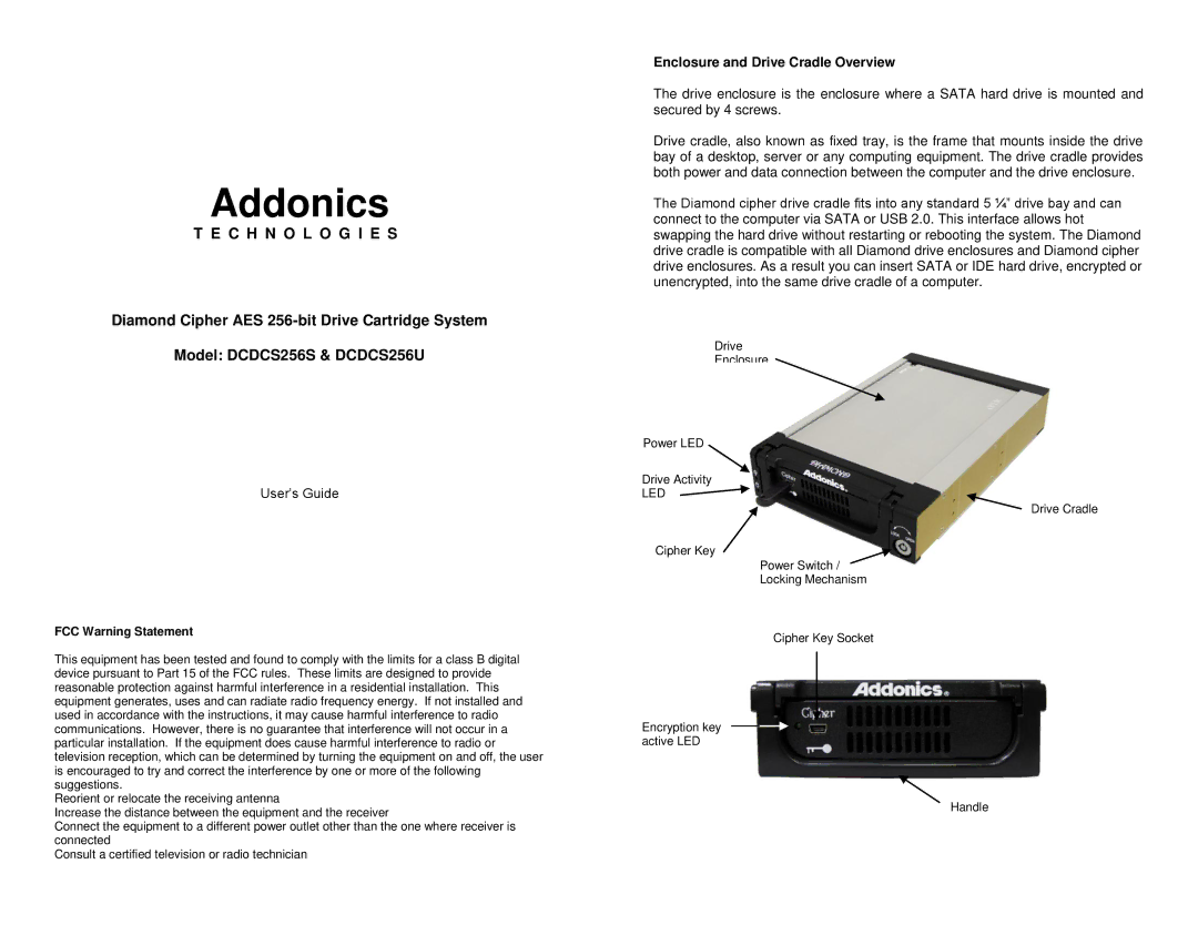 Addonics Technologies DCDCS256U, DCDCS256S manual Addonics, Enclosure and Drive Cradle Overview 