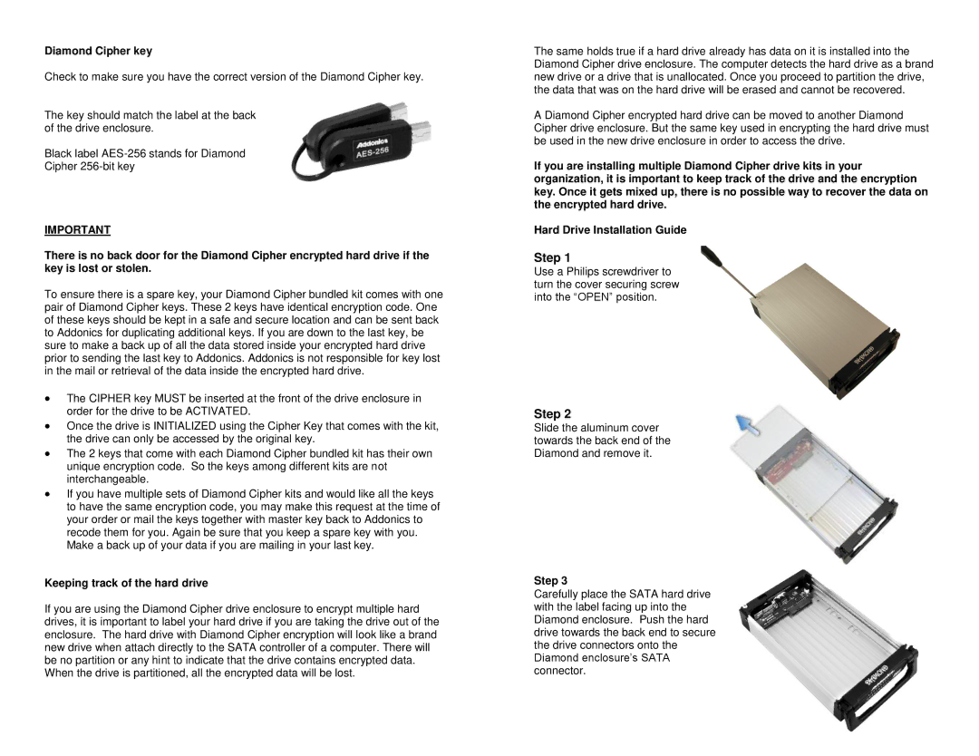 Addonics Technologies DCDCS256S, DCDCS256U manual Diamond Cipher key, Keeping track of the hard drive, Step 