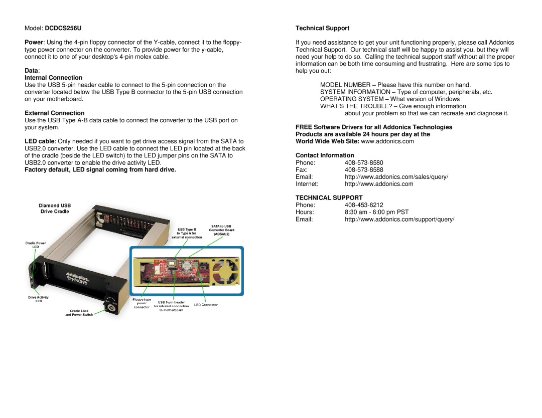 Addonics Technologies DCDCS256S manual Model DCDCS256U, Data Internal Connection, External Connection 