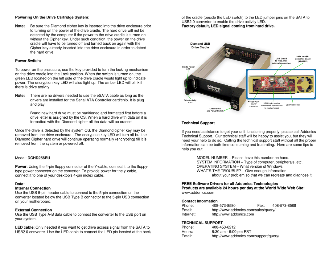 Addonics Technologies DCHD256EU, DCHD256ES Powering On the Drive Cartridge System Power Switch, Data Internal Connection 