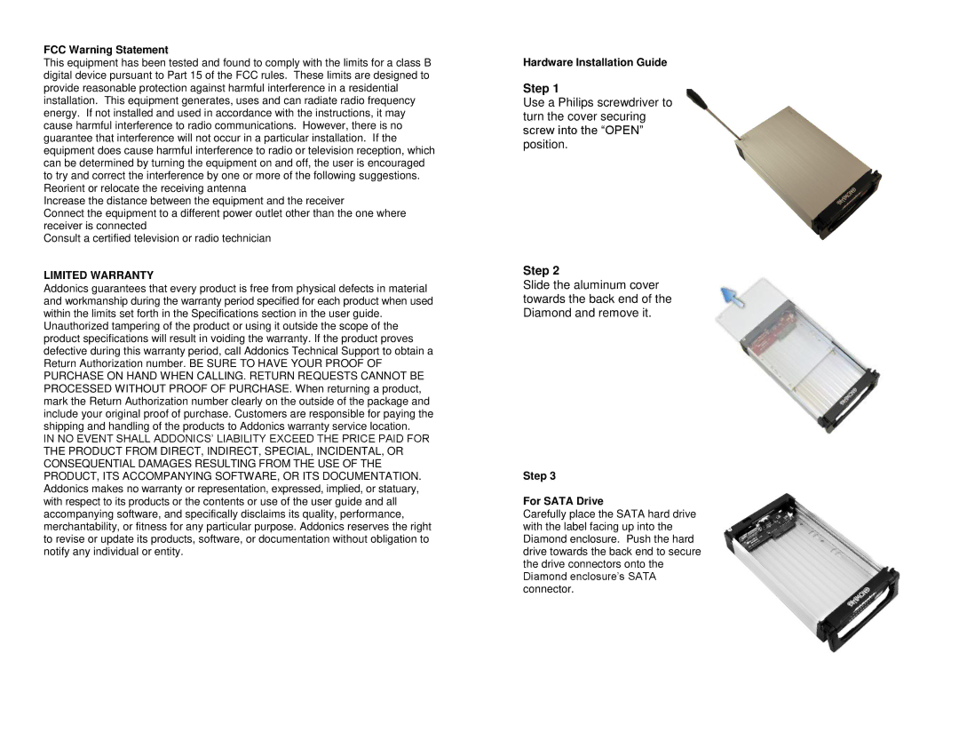 Addonics Technologies DCHDIES, DCHDSAEU, DCHDIEU FCC Warning Statement, Hardware Installation Guide, Step For Sata Drive 