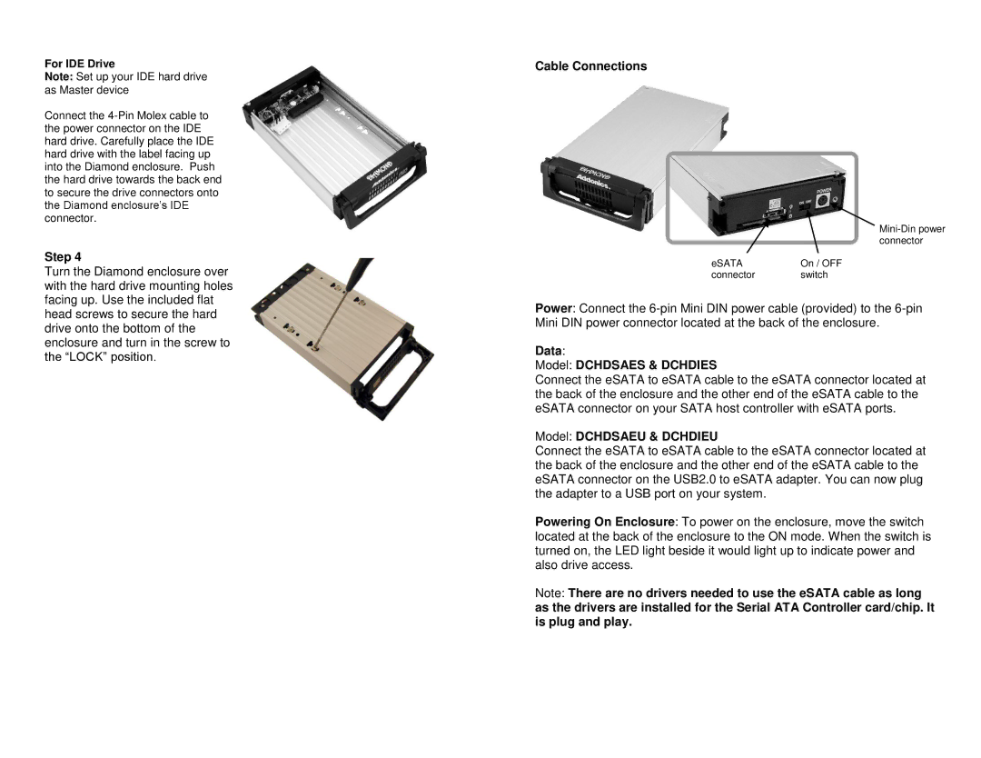 Addonics Technologies DCHDSAES, DCHDSAEU, DCHDIEU, DCHDIES manual Cable Connections, For IDE Drive 