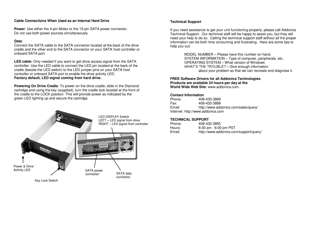 Addonics Technologies DCHDSAEU, DCHDIEU Cable Connections When Used as an Internal Hard Drive, Data, Technical Support 