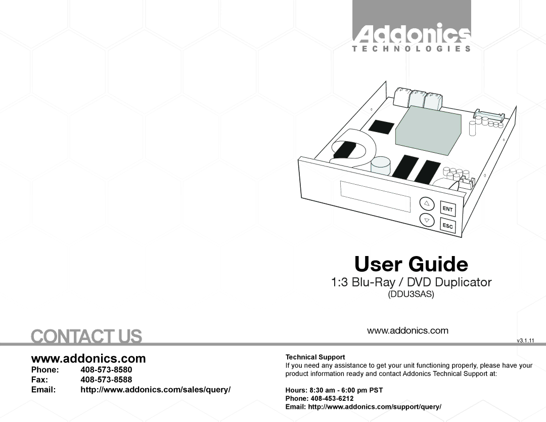 Addonics Technologies DDU3SAS manual Technical Support, Hours 830 am 600 pm PST, Phone 