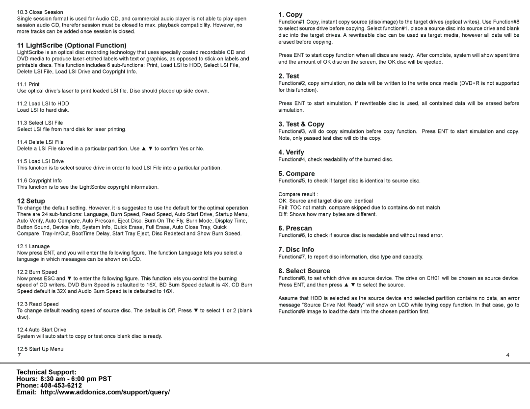 Addonics Technologies DDU3SAS manual LightScribe Optional Function, Setup, Test & Copy, Verify, Compare, Prescan 