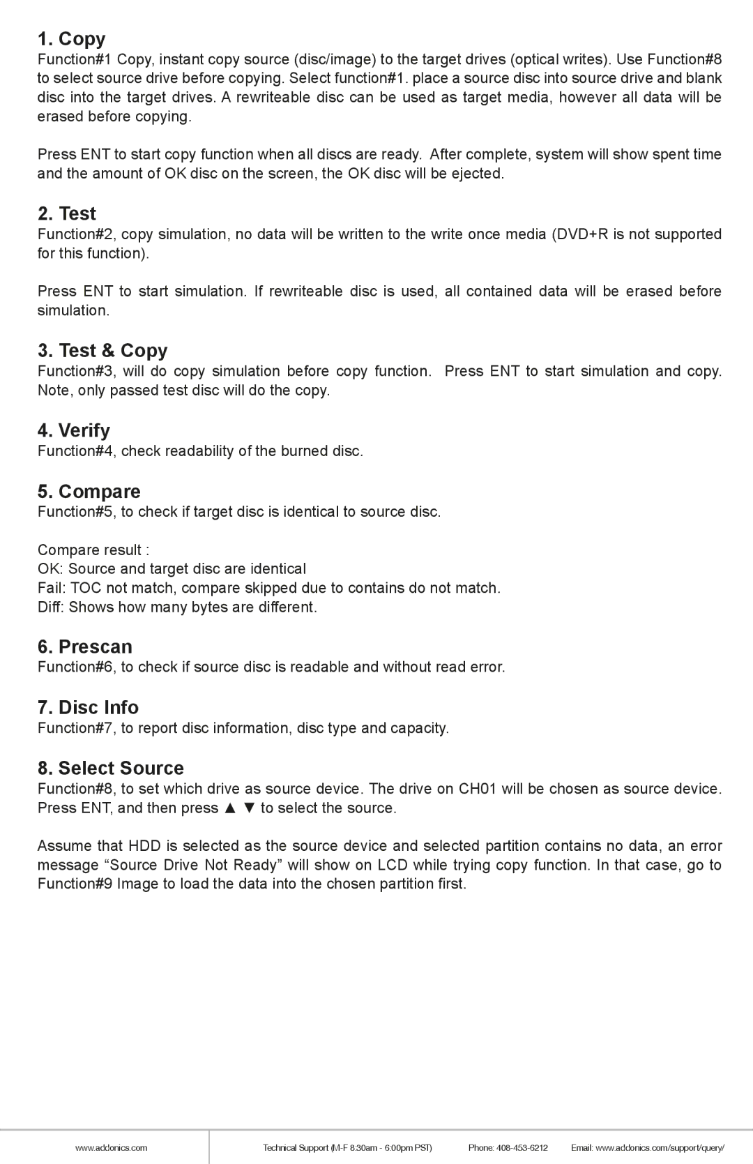 Addonics Technologies DDU7SAS manual Test & Copy, Verify, Compare, Prescan, Disc Info, Select Source 