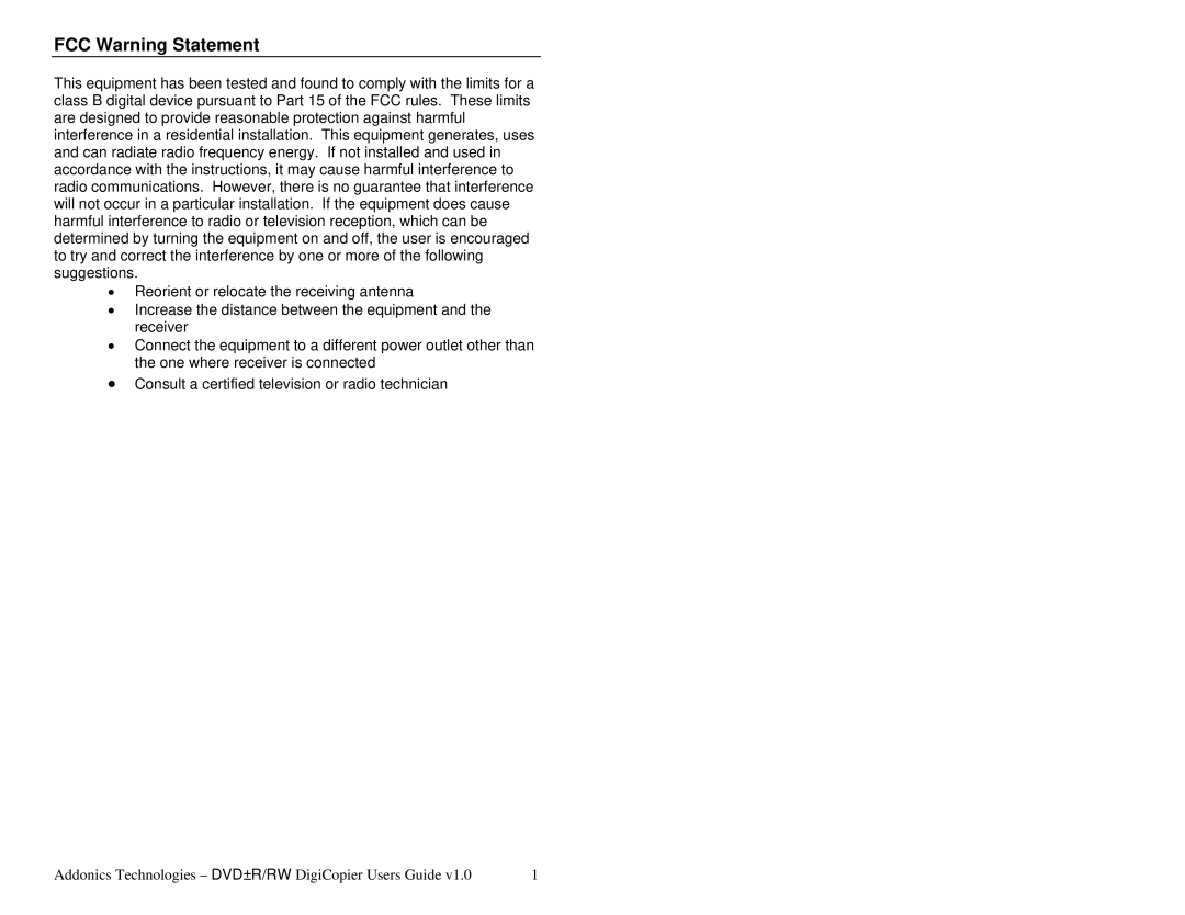 Addonics Technologies DVD R/RW manual FCC Warning Statement 