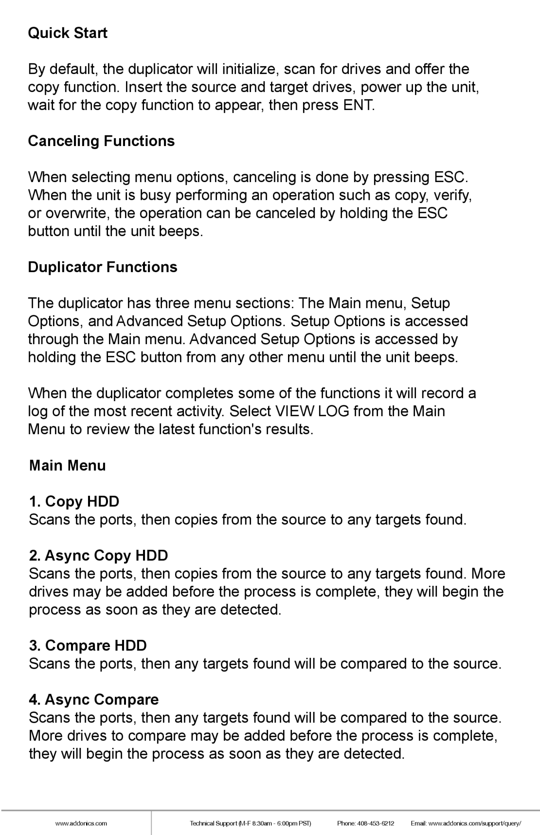 Addonics Technologies HD9SITDRHS manual Quick Start, Canceling Functions, Duplicator Functions, Main Menu 1. Copy HDD 