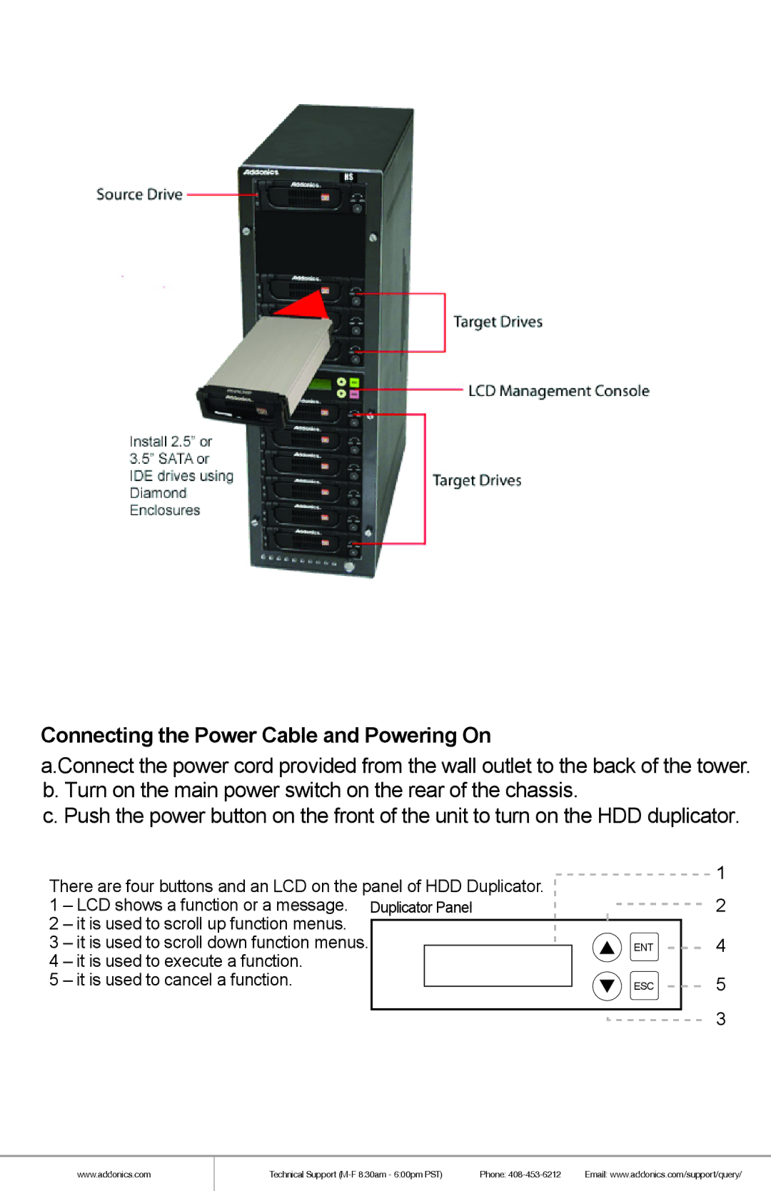 Addonics Technologies HD9SITDRHS manual Connecting the Power Cable and Powering On 