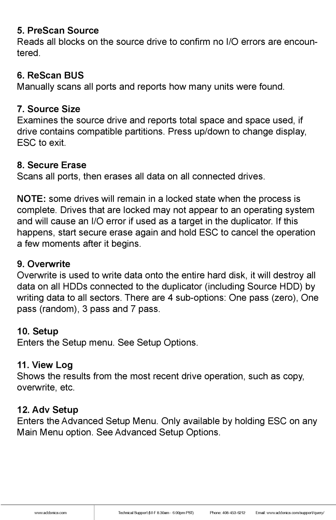 Addonics Technologies HD9SITDRHS manual PreScan Source, ReScan BUS, Source Size, Secure Erase, Overwrite, Setup, View Log 