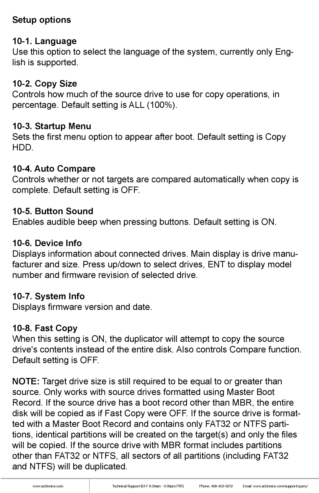Addonics Technologies HD9SITDRHS Setup options Language, Copy Size, Startup Menu, Auto Compare, Button Sound, Device Info 