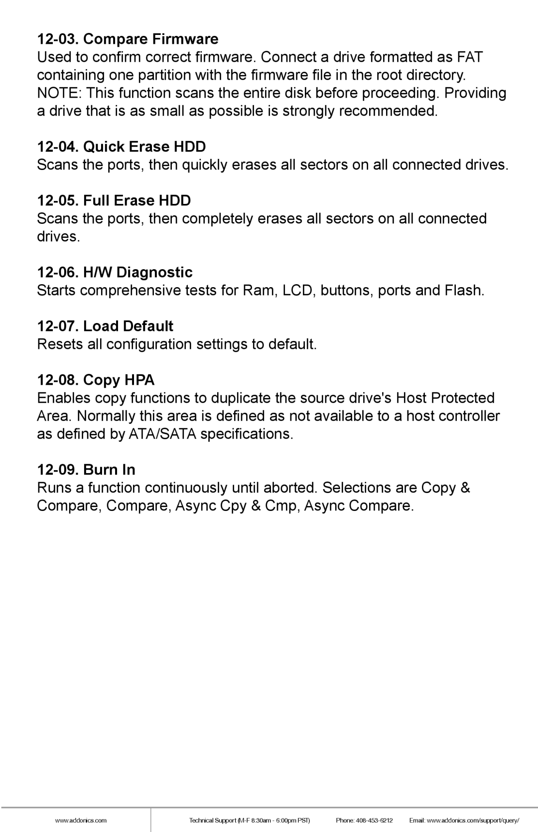 Addonics Technologies HD9SITDRHS Compare Firmware, Quick Erase HDD, Full Erase HDD, 12-06. H/W Diagnostic, Load Default 