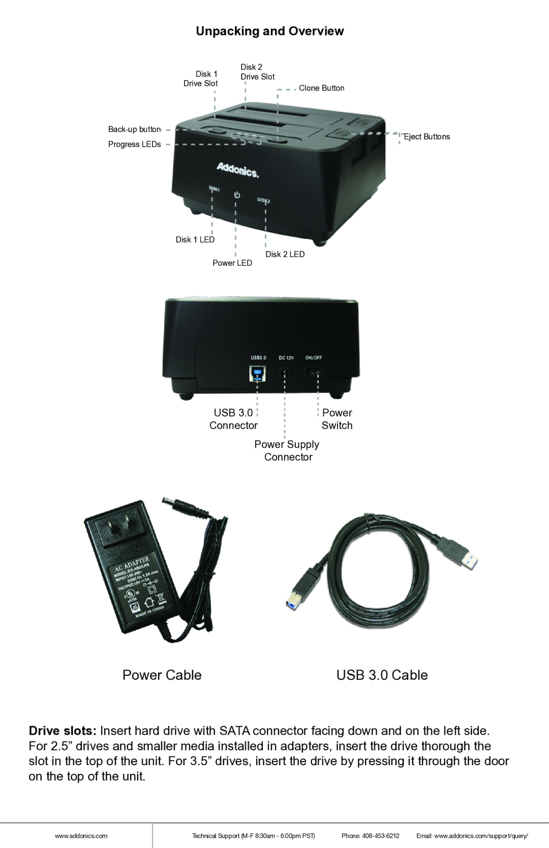 Addonics Technologies HDMU3 manual Power Cable USB 3.0 Cable, Unpacking and Overview 