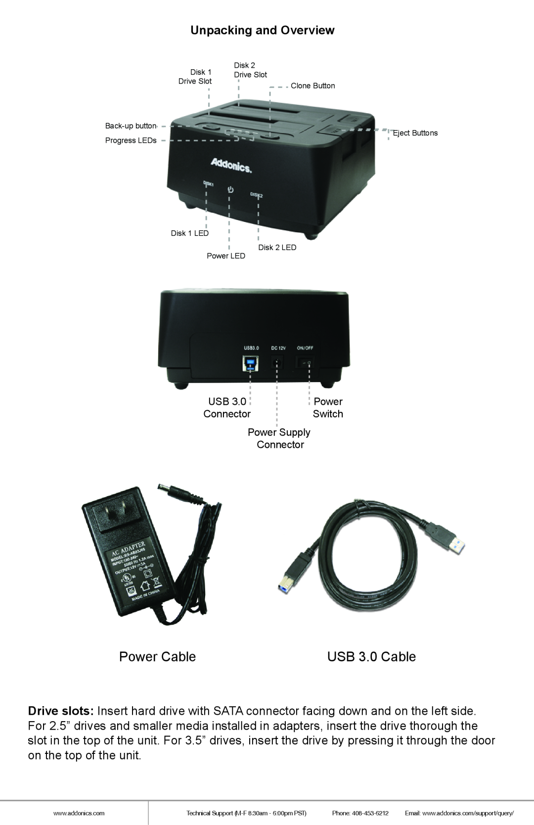 Addonics Technologies HDMU3 manual Power Cable, USB 3.0 Cable, Unpacking and Overview 