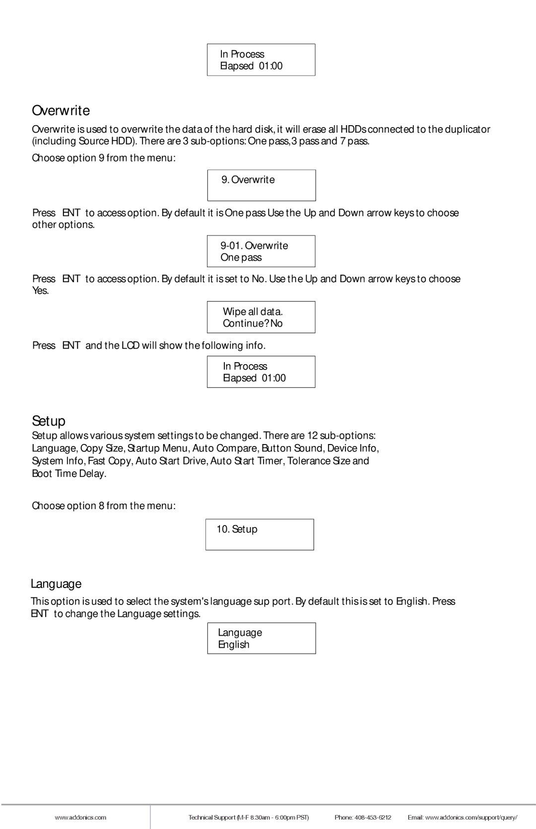 Addonics Technologies HDU11SITDR manual Overwrite, Setup, Language 