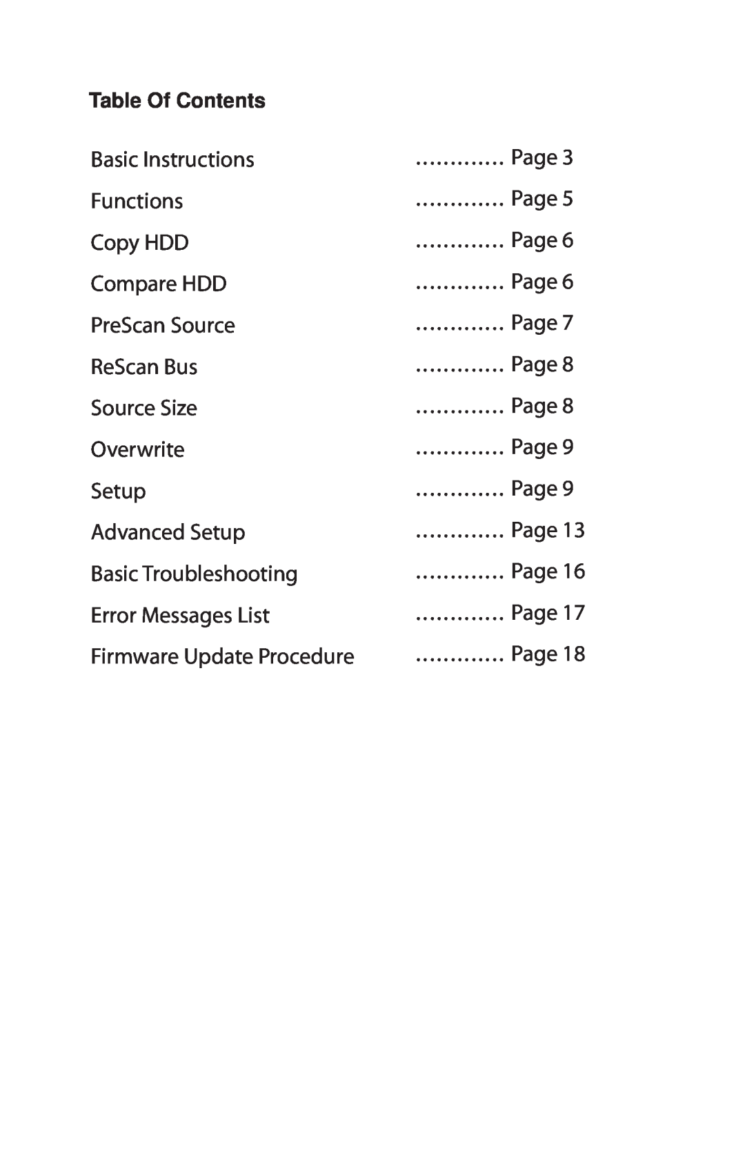 Addonics Technologies HDUS11325DX Basic Instructions Functions Copy HDD Compare HDD PreScan Source, Table Of Contents 