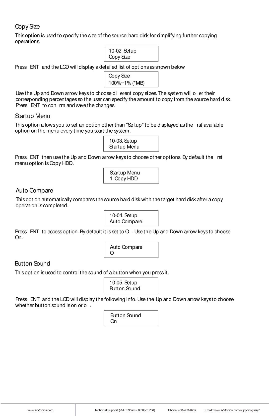 Addonics Technologies HDUS11325DX manual Copy Size, Startup Menu, Auto Compare, Button Sound 