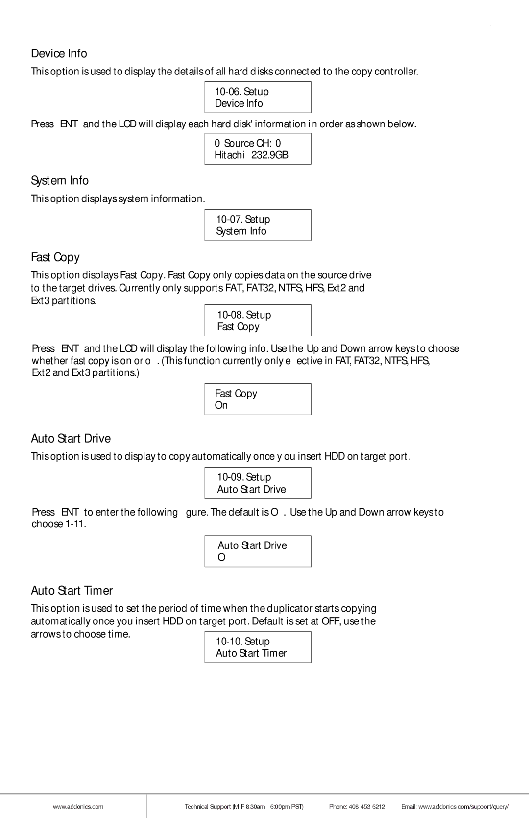 Addonics Technologies HDUS11325DX manual Device Info, System Info, Fast Copy, Auto Start Drive, Auto Start Timer 