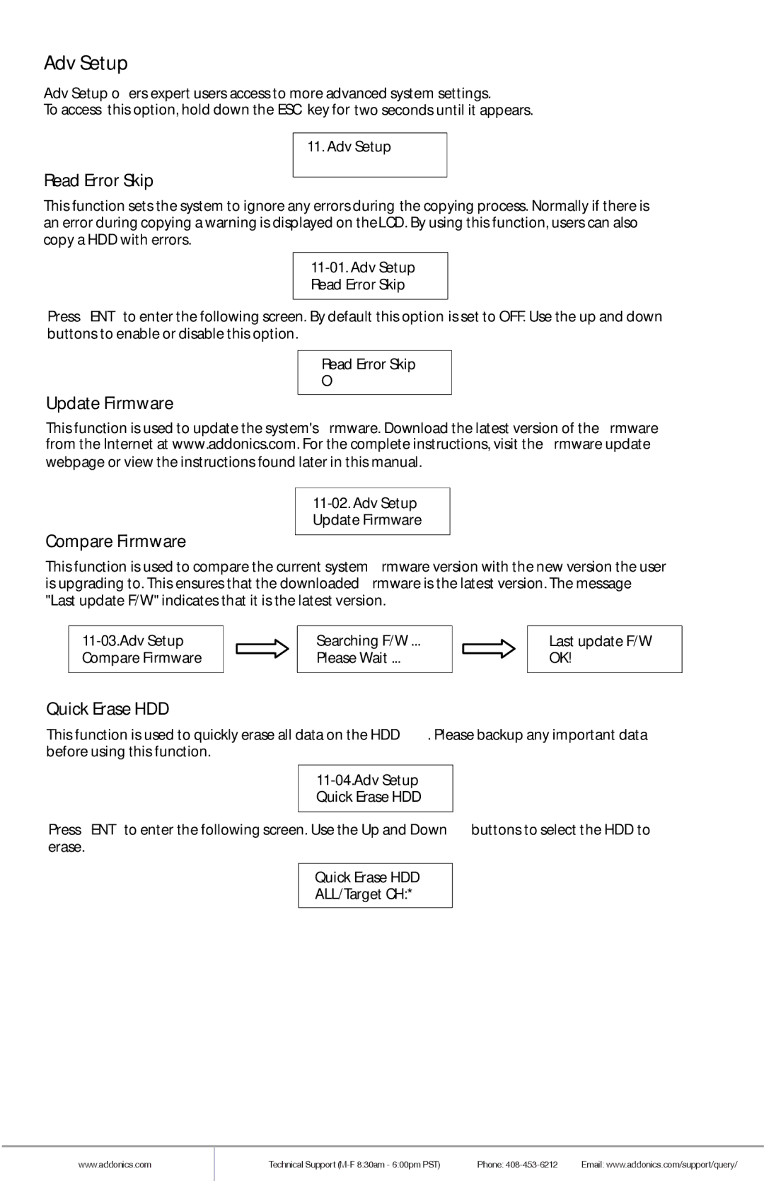 Addonics Technologies HDUS11325DX manual Adv Setup, Read Error Skip, Update Firmware, Compare Firmware, Quick Erase HDD 