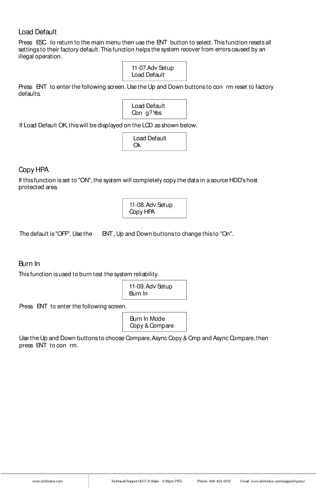 Addonics Technologies HDUS11325DX manual Load Default, Copy HPA, Burn 