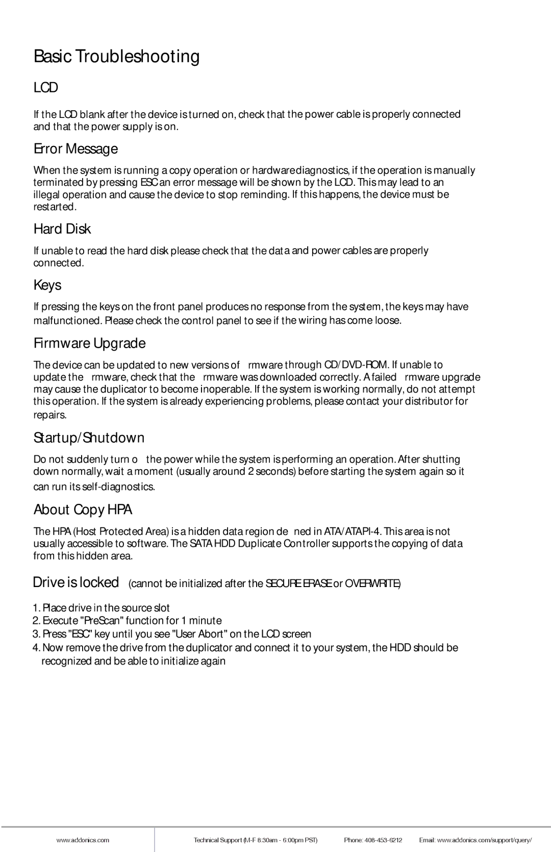 Addonics Technologies HDUS11325DX manual Error Message, Hard Disk, Keys, Firmware Upgrade, Startup/Shutdown, About Copy HPA 