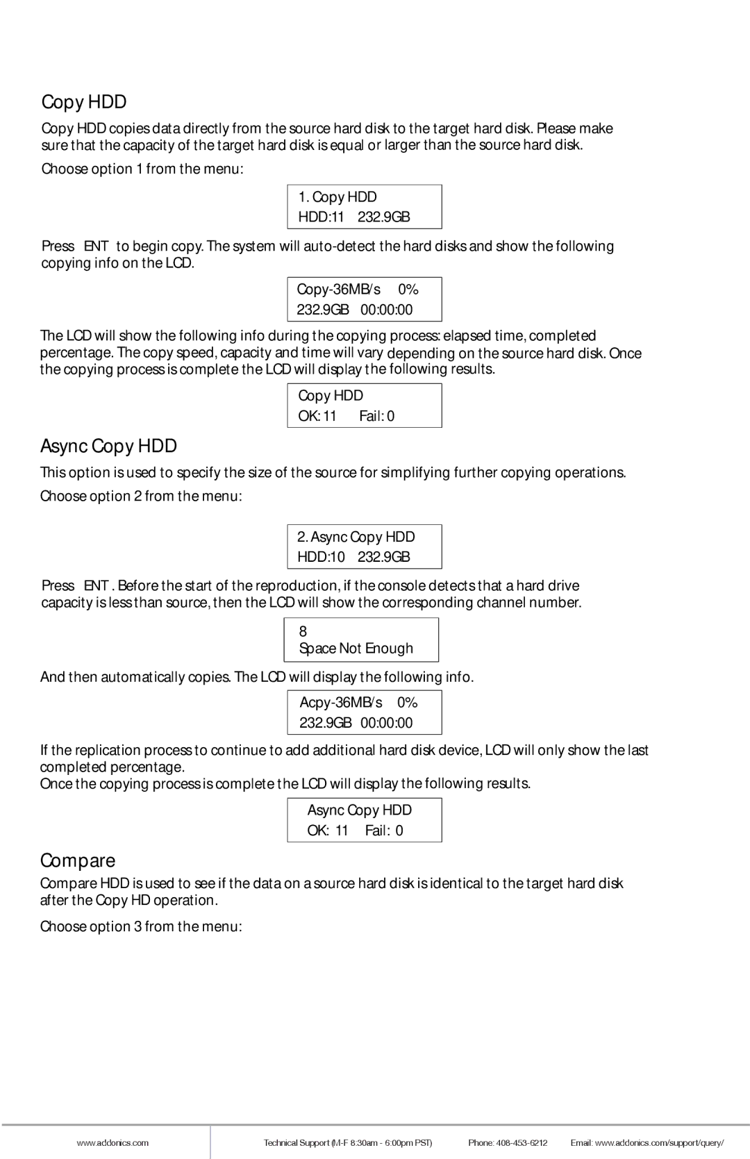 Addonics Technologies HDUS11325DX manual Async Copy HDD, Compare 