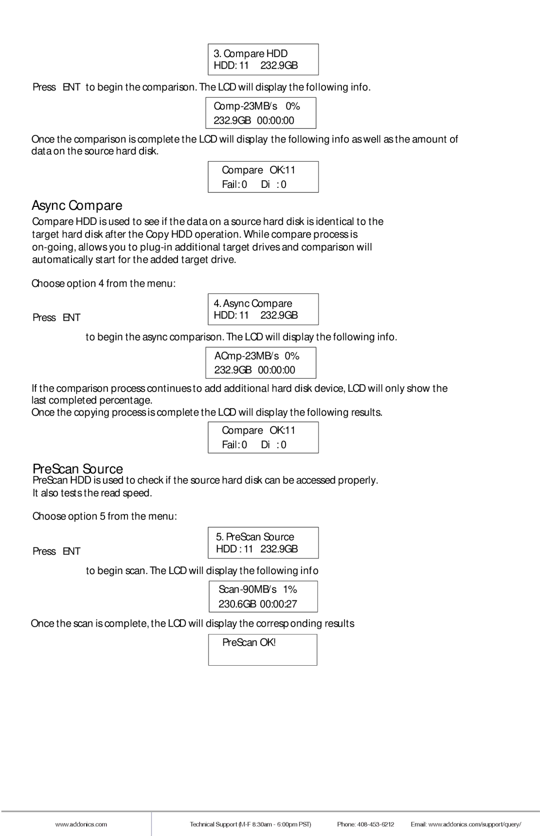 Addonics Technologies HDUS11325DX manual Async Compare, PreScan Source 