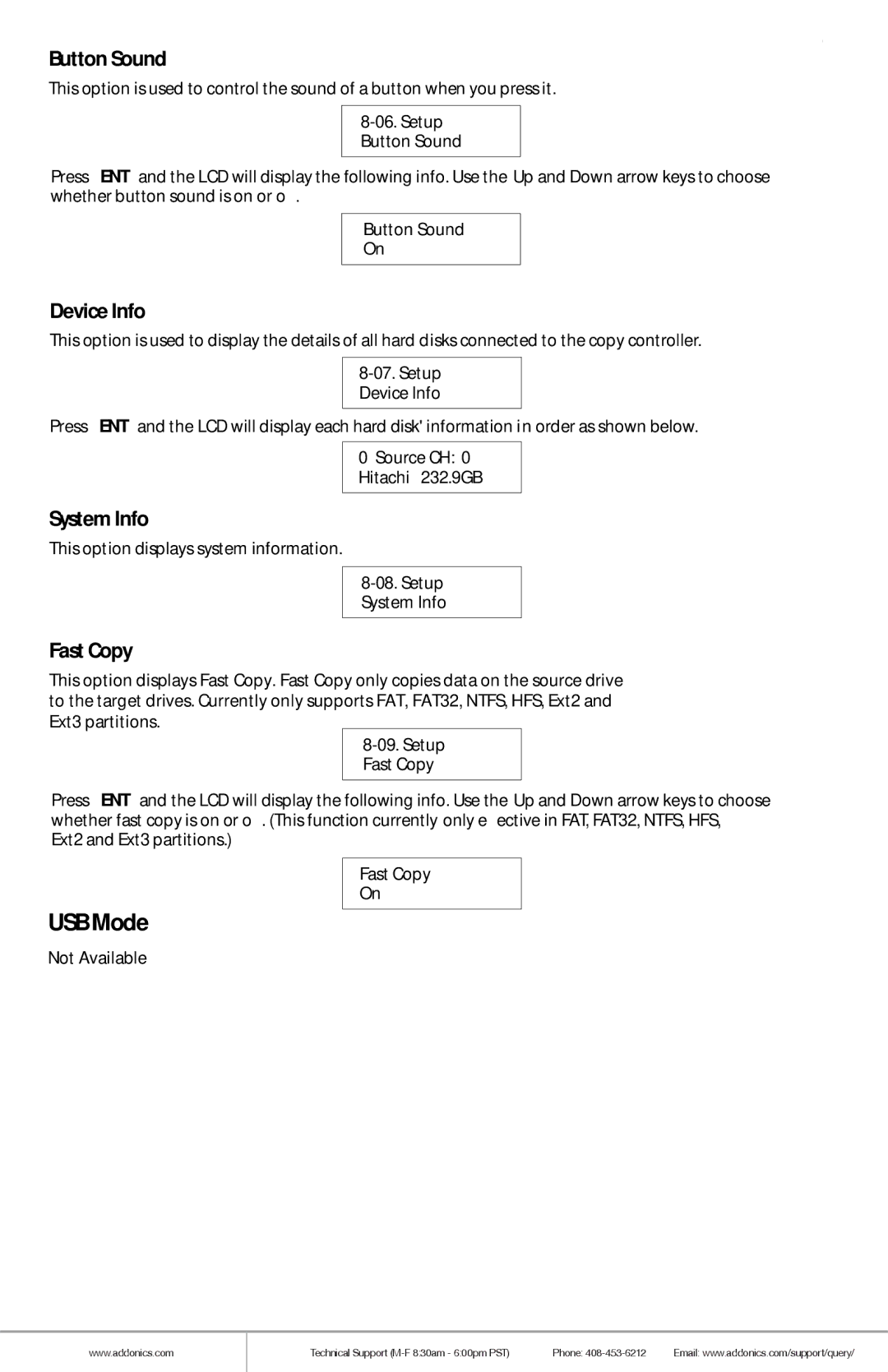 Addonics Technologies HDUSI325AES manual USB Mode, Button Sound, Device Info, System Info, Fast Copy 