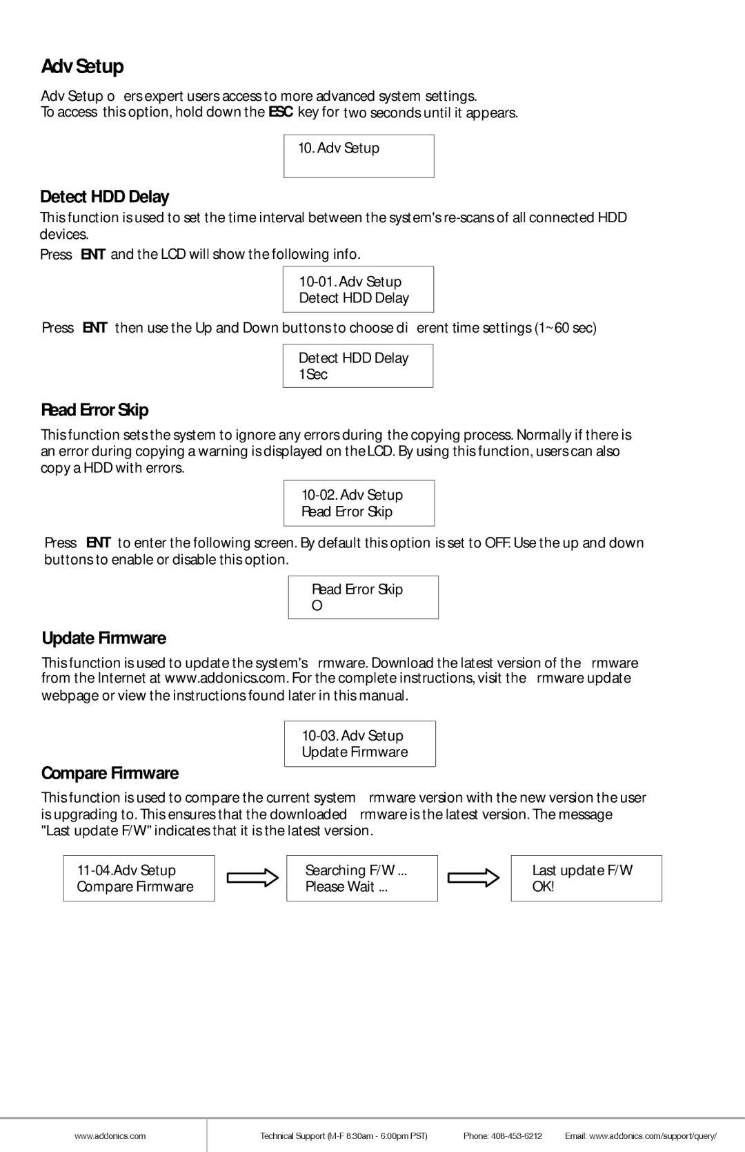 Addonics Technologies HDUSI325AES manual Adv Setup, Detect HDD Delay, Read Error Skip, Update Firmware, Compare Firmware 