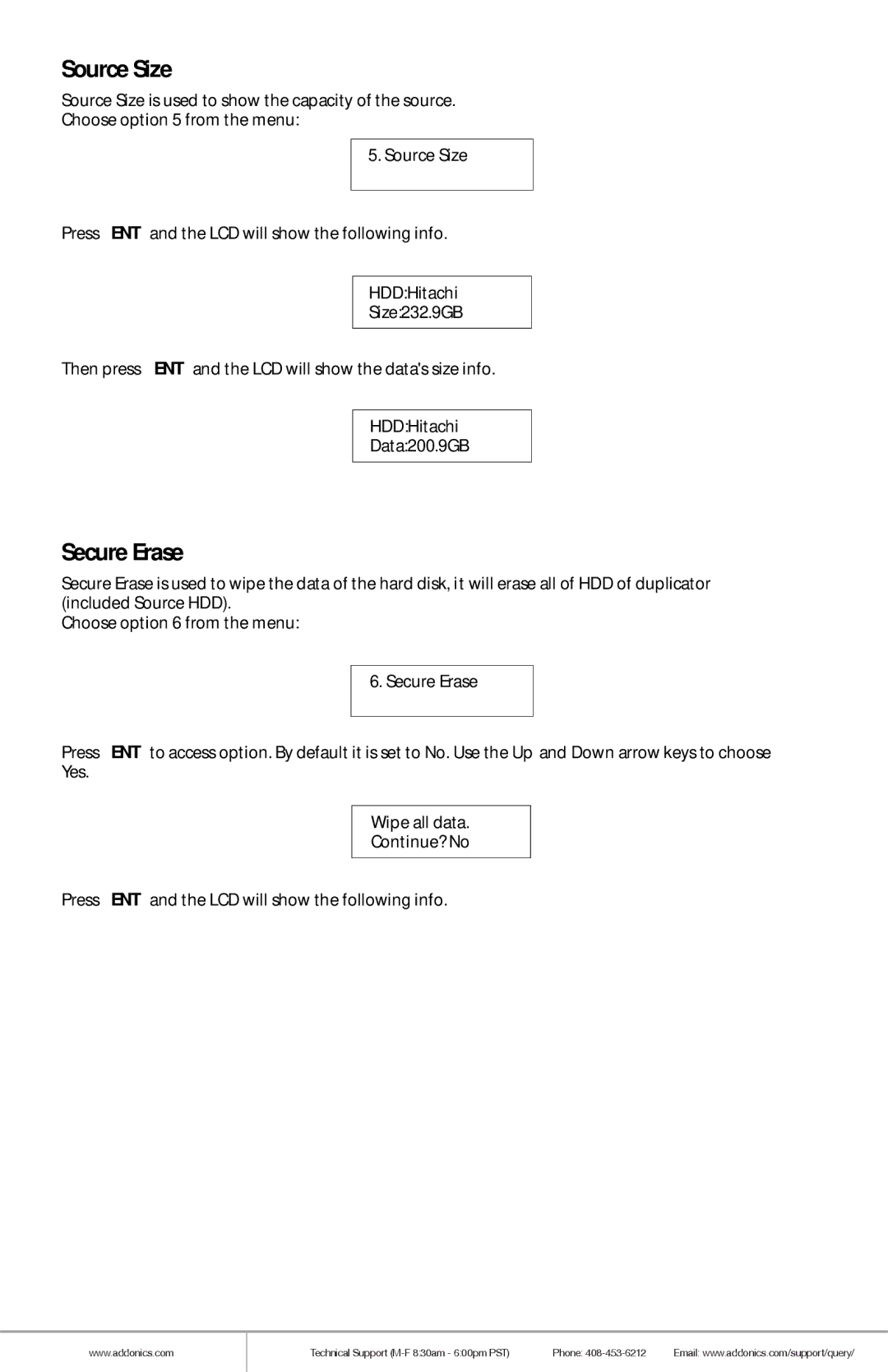 Addonics Technologies HDUSI325AES manual Source Size, Secure Erase 