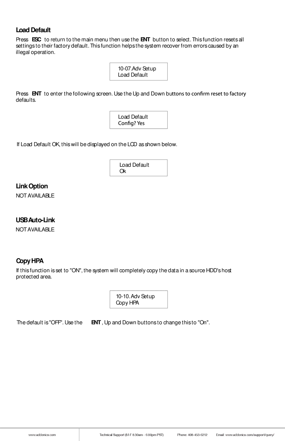 Addonics Technologies HDUSI325AES manual Load Default, Link Option, USB Auto-Link, Copy HPA 