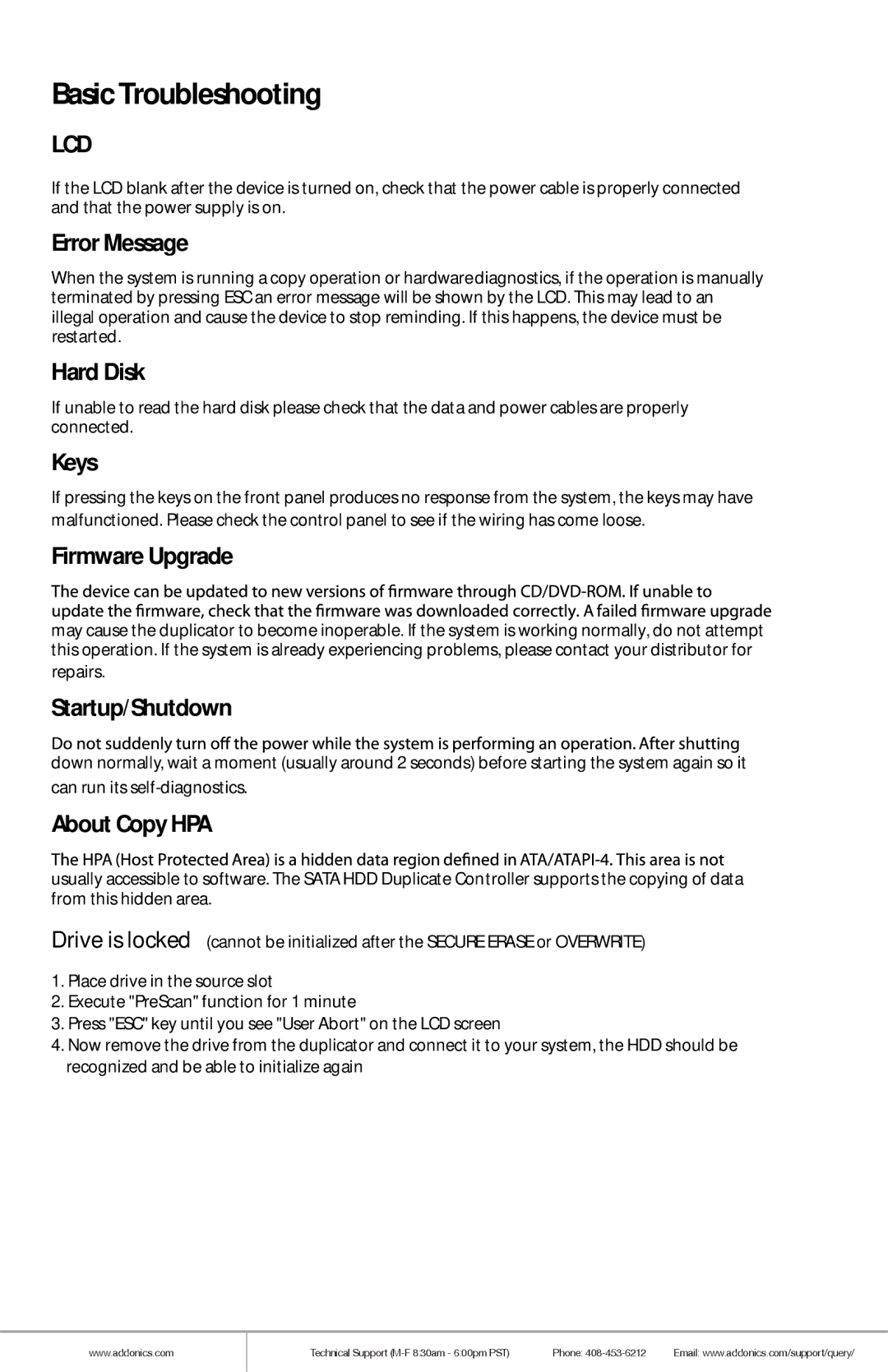 Addonics Technologies HDUSI325AES manual Error Message, Hard Disk, Keys, Firmware Upgrade, Startup/Shutdown, About Copy HPA 