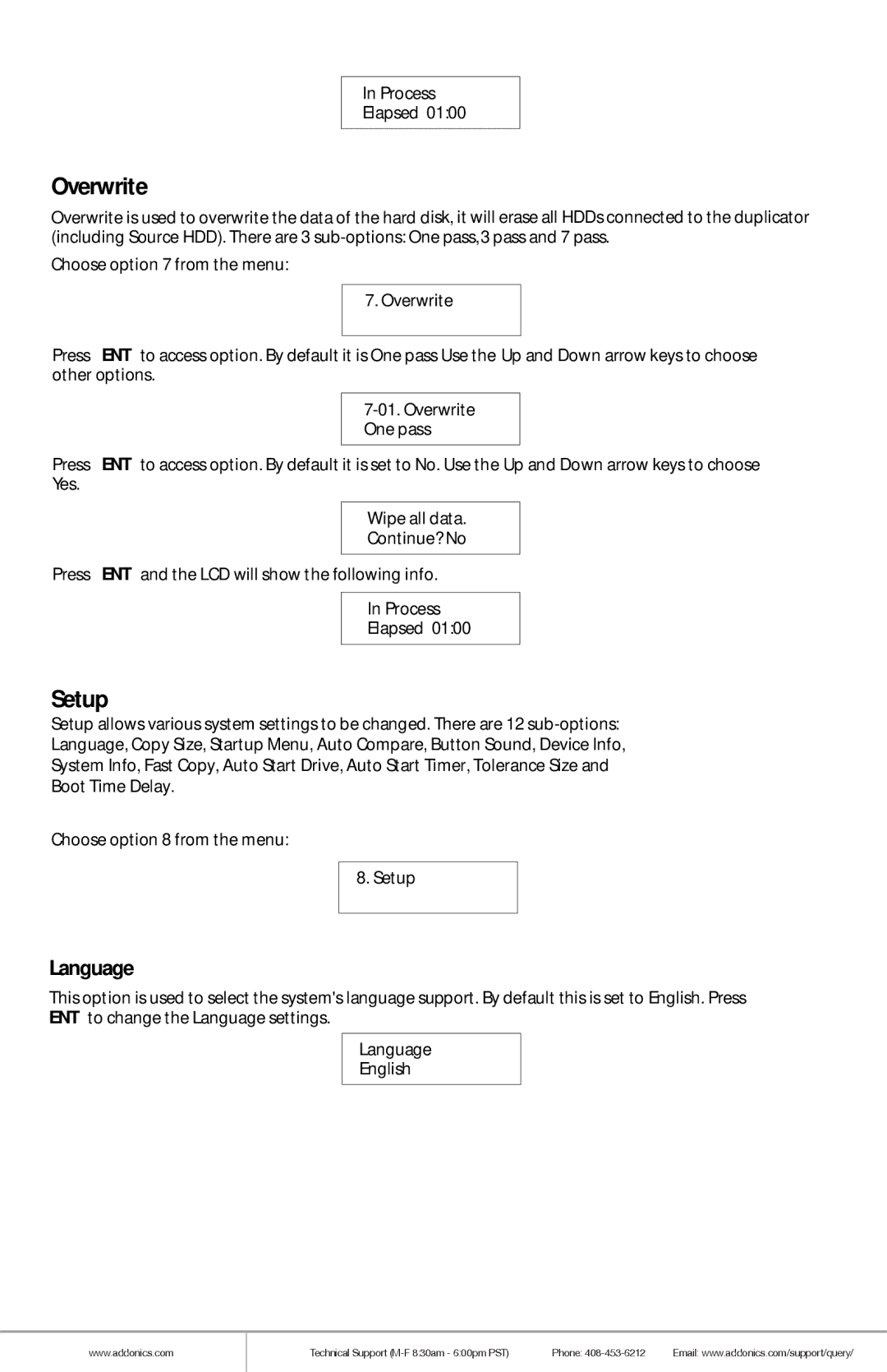 Addonics Technologies HDUSI325AES manual Overwrite, Setup, Language 