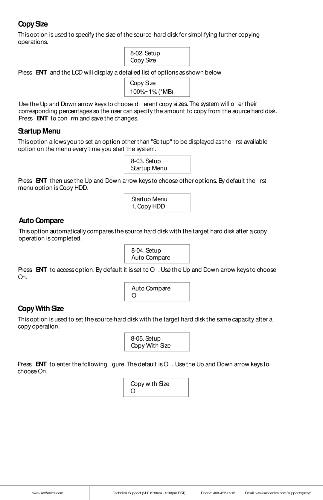 Addonics Technologies HDUSI325AES manual Copy Size, Startup Menu, Auto Compare, Copy With Size 