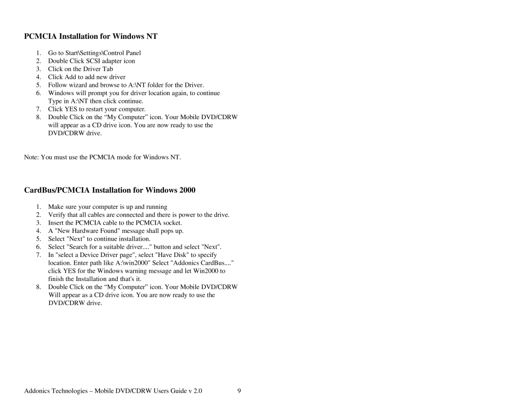 Addonics Technologies Mobile DVD/CDRW manual Pcmcia Installation for Windows NT, CardBus/PCMCIA Installation for Windows 