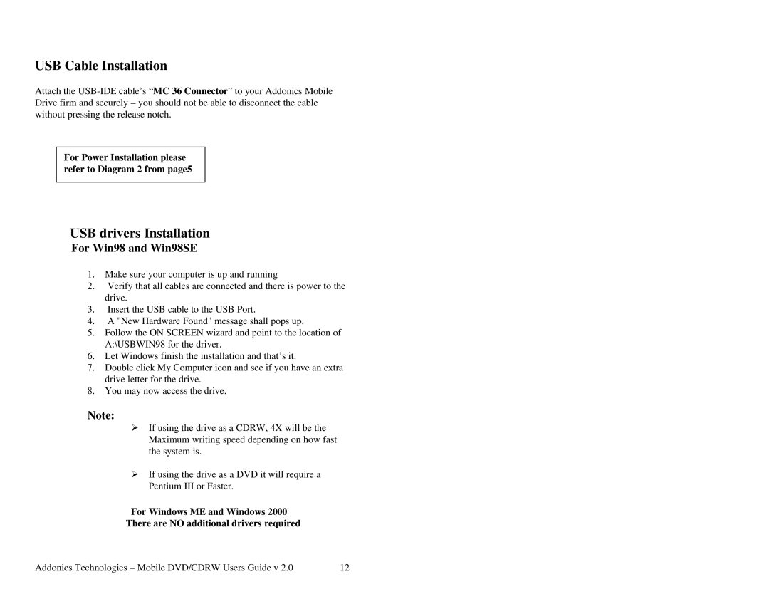 Addonics Technologies Mobile DVD/CDRW manual USB Cable Installation, USB drivers Installation, For Win98 and Win98SE 