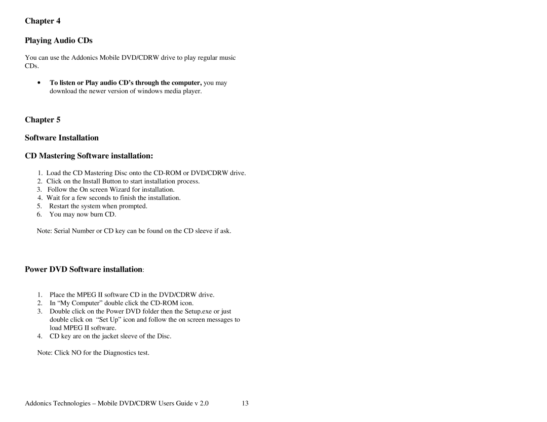 Addonics Technologies Mobile DVD/CDRW manual Chapter Playing Audio CDs, Power DVD Software installation 