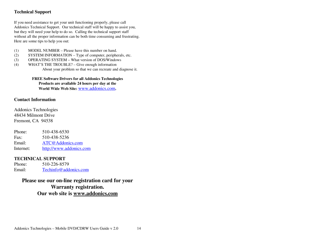 Addonics Technologies Mobile DVD/CDRW manual Technical Support, Contact Information 