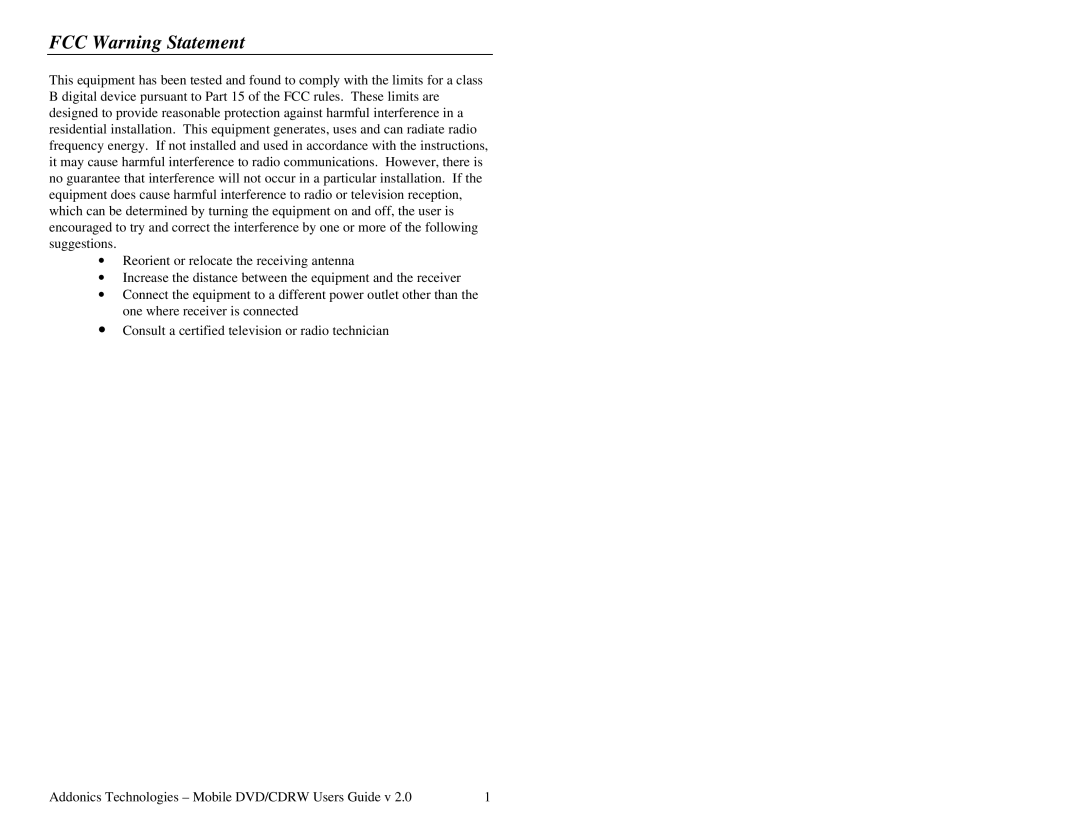 Addonics Technologies Mobile DVD/CDRW manual FCC Warning Statement 