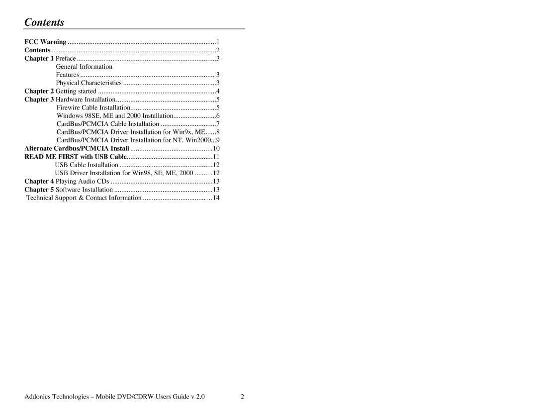 Addonics Technologies Mobile DVD/CDRW manual Contents 