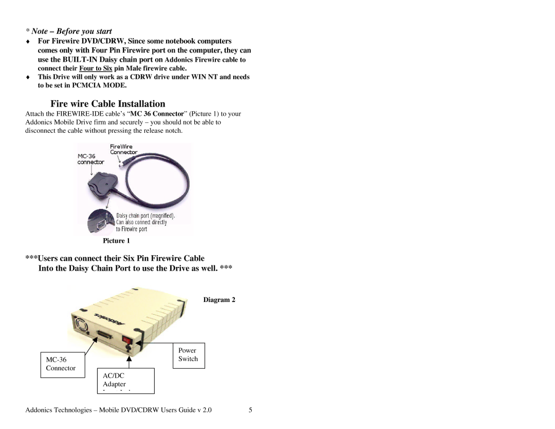 Addonics Technologies Mobile DVD/CDRW manual Fire wire Cable Installation 